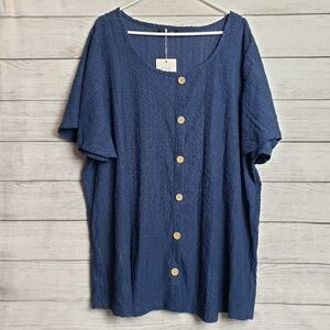 NWT Bloomchic Button Down Navy Textured Short Sleeve Blouse Top Womens ‎ 26